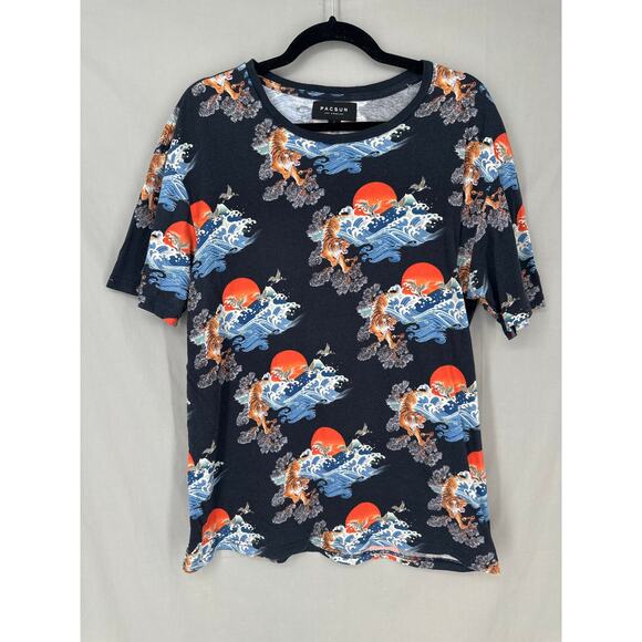 Pacsun Shirt Mens Large Blue Tiger Print Waves Floral Tee Casual Surf Beach - Picture 1 of 7